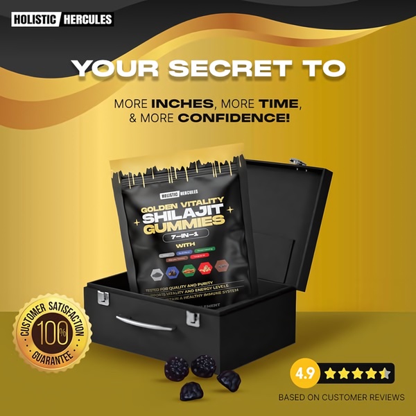 A high-contrast, gold-themed product showcase for Shilajit gummies featuring a 100% satisfaction guarantee and a 4.9-star rating.